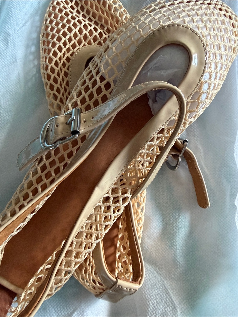 Amazon Beige Mesh Slingback Flats with Ankle Buckle